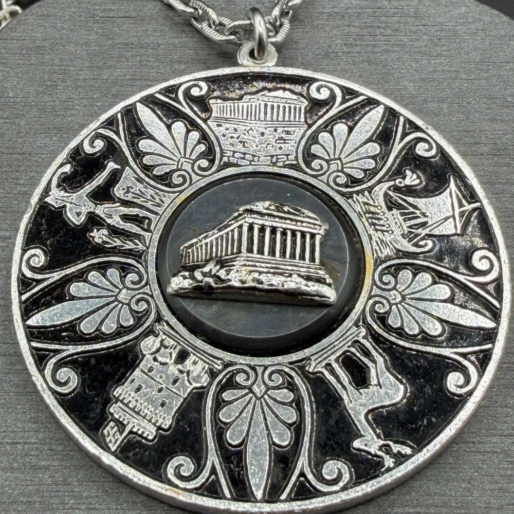 Greek Revival Parthenon Medallion Necklace Silver Tone Black Enamel Statement